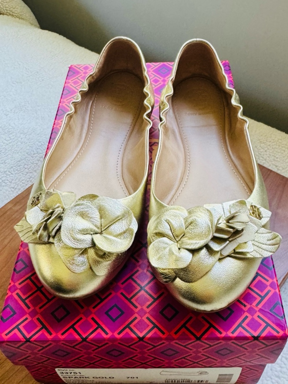 Tory Burch Gold Floral Leather Ballet Flats